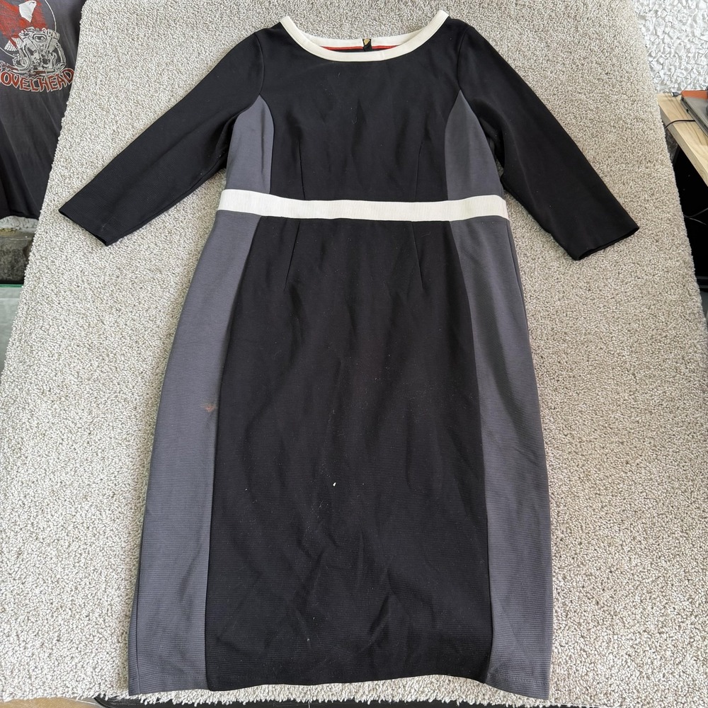 Boden Dress Womens 16 Black Gray Colorblock 3/4 Sleeve Knit Sheath Knee Length